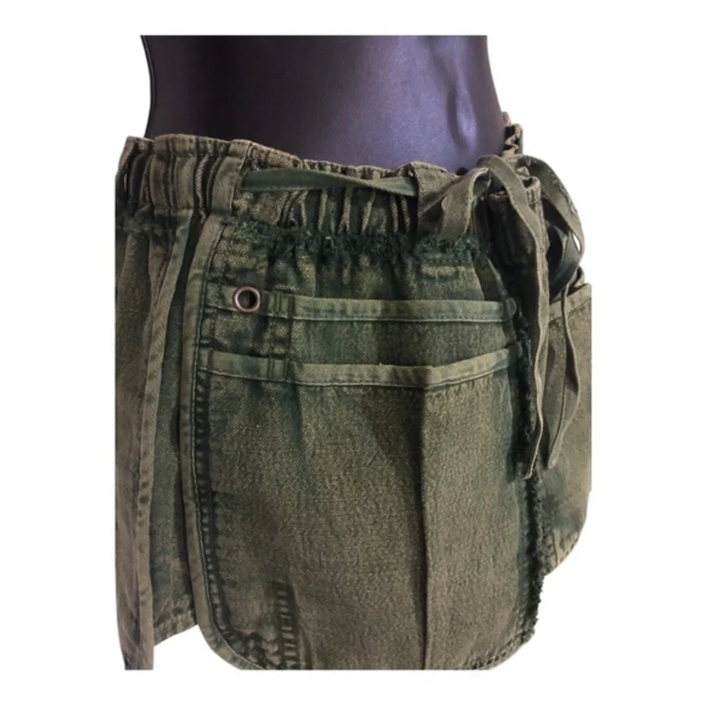 Free People green washed denim fringe paperbag waist‎ cotton shorts size XS new